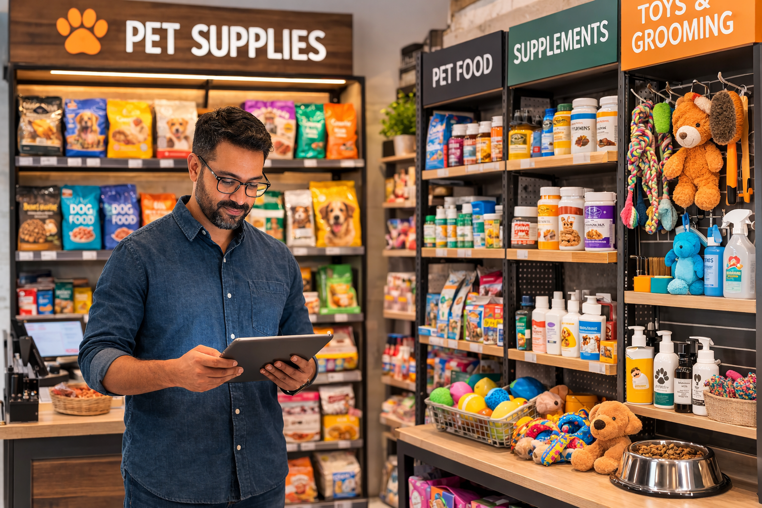 pet business owner checking the inventory